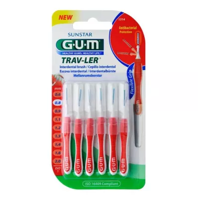 GUM Trav-Ler 0,8 mm-es gyertyapiros fogköz + 6 kupak, 6 db GUM Trav-Ler 0,8 mm-es gyertyapiros fogköz + 6 kupak, 6 db